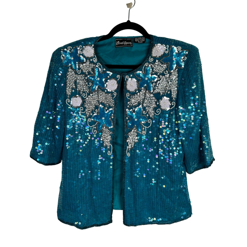 Beaded SILK Sequin Jacket S Peacock Blue Vintage Formal Short Sleeve Floral - Picture 2 of 6